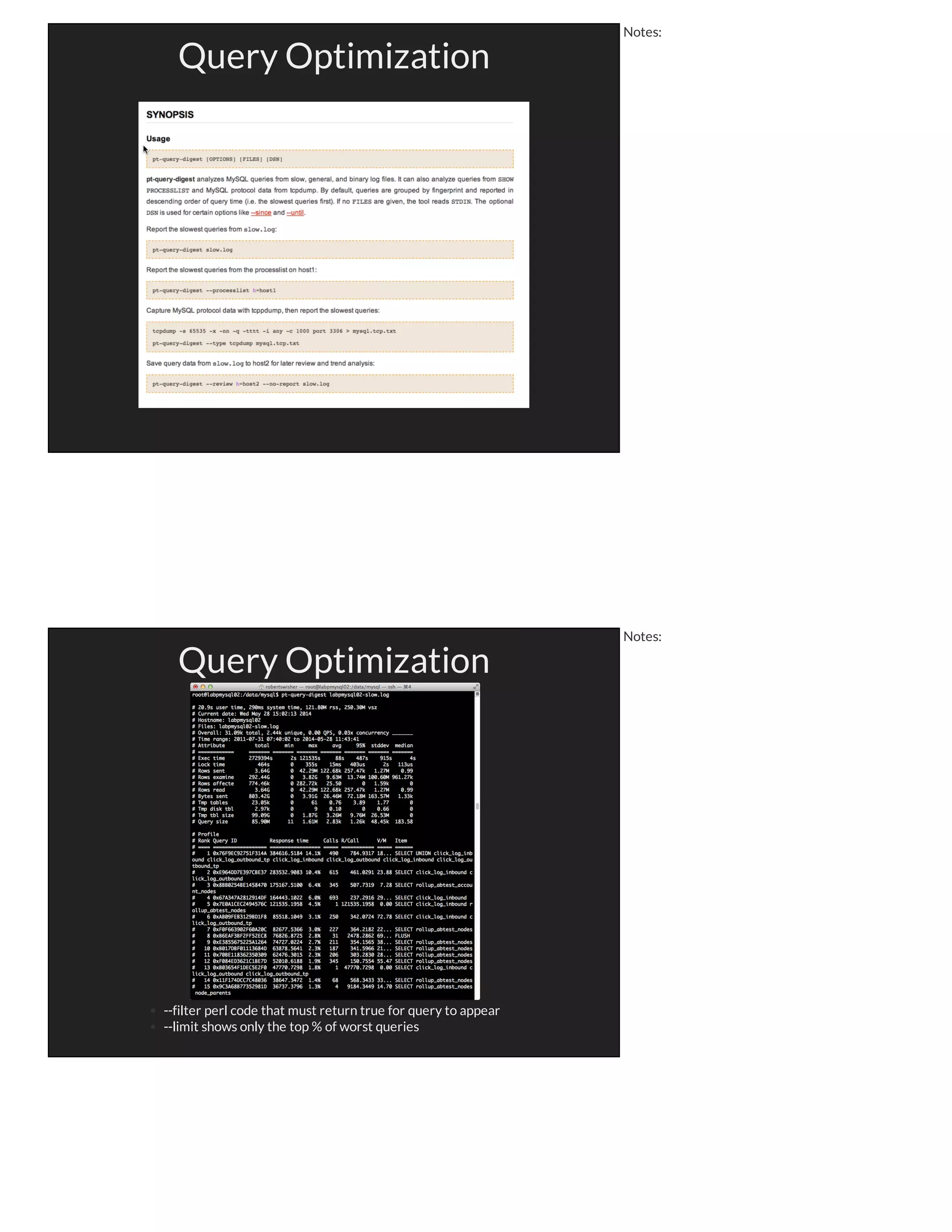 Schema Changes
- Always creates a copy of table before 5.6
(except fast index creation in 5.5 or 5.1 with innodb plugin)
- Table is locked during the change
- BIG tables = BIG TROUBLE (millions of rows take hours or more)
- Used to require trickery like ALTER on slave, promote to master,
ALTER on old master, promote to master again
(Gets really ugly with master-master or tiered replication)
Notes:
pt-online-schema-change
Triggers are trouble, but can be handled (dropped by default)
Foreign keys are trouble, but can be handled (dropped and rebuilt)
Takes longer than ALTER TABLE (up to 4x)
ALWAYS backup first
Notes:
 