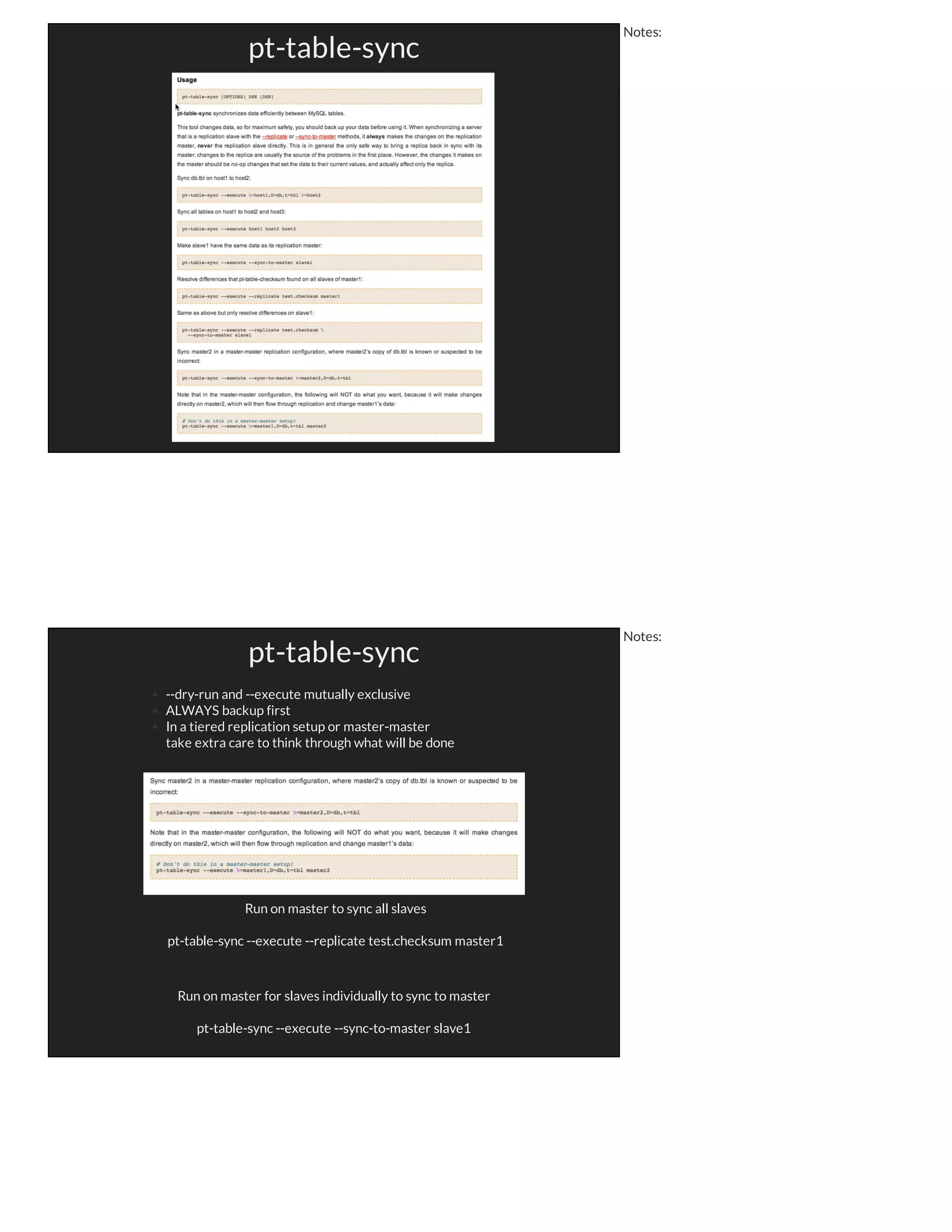 Notes:
Data Archival
- LOTS of writing to BIG tables = BAD
- Pruning BIG tables to only frequently accessed data = GOOD
- BIG tables more prone to corruption
- Deleting from BIG tables = SLOOOOOOW
- Long running transactions = REALLY SLOOOOOOOOOW
- DELETE locks MyISAM
Notes:
 