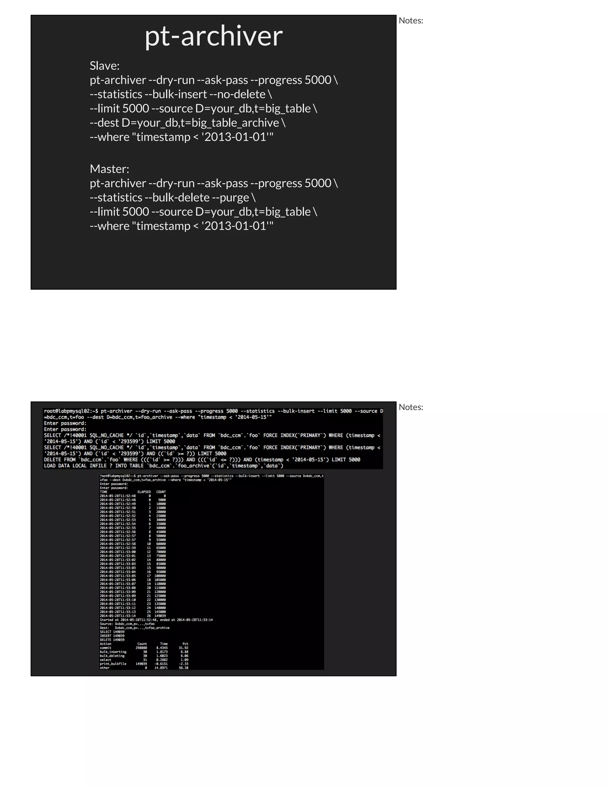 Schema Changes
- Always creates a copy of table before 5.6
(except fast index creation in 5.5 or 5.1 with innodb plugin)
- Table is locked during the change
- BIG tables = BIG TROUBLE (millions of rows take hours or more)
- Used to require trickery like ALTER on slave, promote to master,
ALTER on old master, promote to master again
(Gets really ugly with master-master or tiered replication)
Notes:
pt-online-schema-change
Triggers are trouble, but can be handled (dropped by default)
Foreign keys are trouble, but can be handled (dropped and rebuilt)
Takes longer than ALTER TABLE (up to 4x)
ALWAYS backup first
Notes:
 