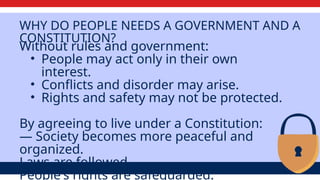 WHY DO PEOPLE NEEDS A GOVERNMENT AND A
CONSTITUTION?
Without rules and government:
• People may act only in their own
interest.
• Conflicts and disorder may arise.
• Rights and safety may not be protected.
By agreeing to live under a Constitution:
— Society becomes more peaceful and
organized.
Laws are followed.
People's rights are safeguarded.
 