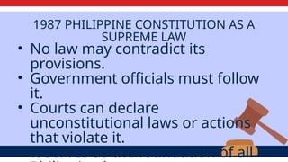 1987 PHILIPPINE CONSTITUTION AS A
SUPREME LAW
• No law may contradict its
provisions.
• Government officials must follow
it.
• Courts can declare
unconstitutional laws or actions
that violate it.
• It serves as the foundation of all
 