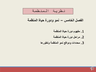 ‫الخامس‬ ‫الفصل‬–‫المنظمة‬ ‫حياة‬ ‫ودورة‬ ‫نمو‬
.1‫المنظمة‬ ‫حياة‬ ‫دورة‬ ‫مفهوم‬
.2‫المنظمة‬ ‫حياة‬ ‫دورة‬ ‫مراحل‬
.3‫وتطورها‬ ‫المنظمة‬ ‫نمو‬ ‫ودوافع‬ ‫محددات‬
1
 