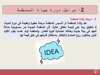 4
2-‫المنظمة‬ ‫حياة‬ ‫دورة‬ ‫مراحل‬
1-‫مرحلة‬‫الدة‬‫و‬‫المنظمة‬
‫تعد‬‫الدة‬‫و‬‫المنظمة‬‫أو‬‫تأسيس‬‫المنظمة‬‫مرحلة‬‫ة‬‫خطير‬‫وعقيمة‬‫في‬‫ة‬‫دور‬‫الحي‬‫اة‬,
‫إذ‬‫ي‬‫تنطو‬‫ربما‬‫على‬‫فرصة‬‫اخفاق‬‫عالية‬,‫ألن‬‫المنظمة‬‫الجديدة‬‫تمر‬‫بمسؤولية‬‫حد‬‫اثة‬
‫العهد‬‫في‬‫بيئة‬‫جديدة‬‫وهنالك‬‫احتمالية‬‫ة‬‫كبير‬‫للفشل‬,‫المنظمة‬‫و‬‫تولد‬‫عندما‬‫ي‬‫قوم‬‫اد‬‫ر‬‫االف‬
‫الذين‬‫ن‬‫يمتلكو‬‫روح‬‫ة‬‫المبادر‬‫االبتكار‬‫و‬‫باستقالل‬‫اتهم‬‫ر‬‫قد‬‫في‬‫خلق‬‫قيمة‬‫لها‬.
 