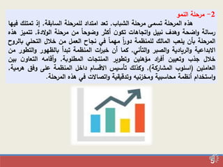 5
2-‫مرحلة‬‫النمو‬
‫هذه‬‫المرحلة‬‫تسمى‬‫مرحلة‬‫الشباب‬,‫تعد‬‫امتداد‬‫للمرحلة‬‫السابقة‬,‫إذ‬‫تمت‬‫لك‬‫فيها‬
‫رسالة‬‫اضحة‬‫و‬‫وهدف‬‫نبيل‬‫اتجاهات‬‫و‬‫ن‬‫تكو‬‫أكثر‬‫وضوحا‬‫من‬‫مرحلة‬‫الدة‬‫و‬‫ال‬,‫تتم‬‫يز‬‫هذه‬
‫المرحلة‬‫بأن‬‫يلعب‬‫المالك‬‫للمنظمة‬‫ا‬‫ر‬‫دو‬‫مهما‬‫في‬‫نجاح‬‫العمل‬‫من‬‫خالل‬‫التحلي‬‫ب‬‫الروح‬
‫االبداعية‬‫الريادية‬‫و‬‫الصبر‬‫و‬‫التأني‬‫و‬,‫كما‬‫أن‬‫ات‬‫ر‬‫خب‬‫المنظمة‬‫تبدأ‬‫بالظهور‬‫الت‬‫و‬‫طور‬‫من‬
‫خالل‬‫جذب‬‫وتعيين‬‫اد‬‫ر‬‫أف‬‫مؤهلين‬‫وتطوير‬‫المنتجات‬‫المطلوبة‬,‫أقامه‬‫و‬‫ن‬‫التعاو‬‫ب‬‫ين‬
‫العاملين‬(‫اسلوب‬‫المشاركة‬),‫وكذلك‬‫تأسيس‬‫االقسام‬‫داخل‬‫المنظمة‬‫على‬‫وفق‬‫هرم‬‫ية‬,
‫استخدام‬‫و‬‫أنظمة‬‫محاسبية‬‫ومخزنيه‬‫وتدقيقية‬‫اتصاالت‬‫و‬‫في‬‫هذه‬‫المرحلة‬.
 