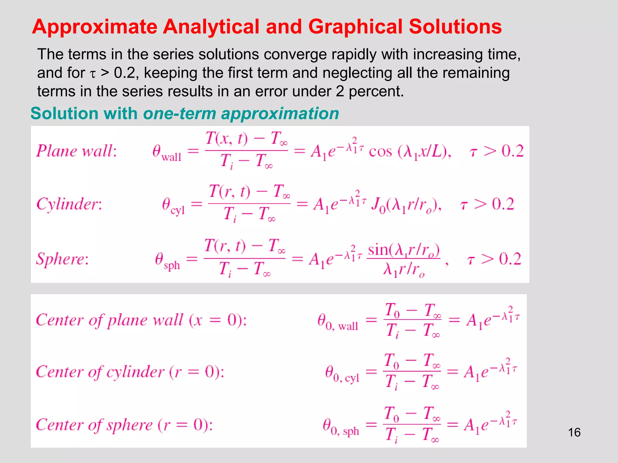 16
Approximate Analytical and Graphical Solutions
Solution with one-term approximation
The terms in the series solutions converge rapidly with increasing time,
and for  > 0.2, keeping the first term and neglecting all the remaining
terms in the series results in an error under 2 percent.
 