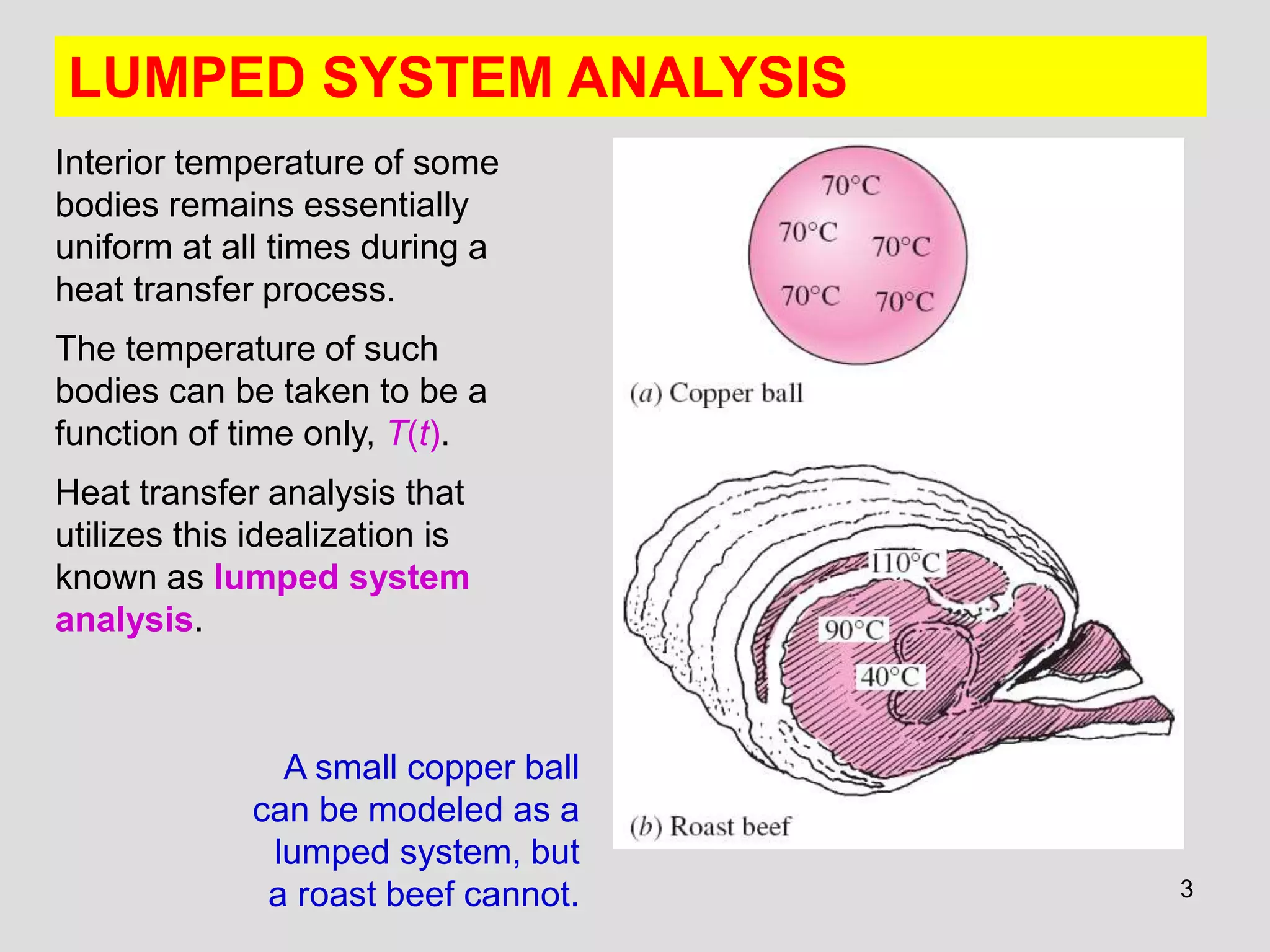 3
LUMPED SYSTEM ANALYSIS
Interior temperature of some
bodies remains essentially
uniform at all times during a
heat transfer process.
The temperature of such
bodies can be taken to be a
function of time only, T(t).
Heat transfer analysis that
utilizes this idealization is
known as lumped system
analysis.
A small copper ball
can be modeled as a
lumped system, but
a roast beef cannot.
 