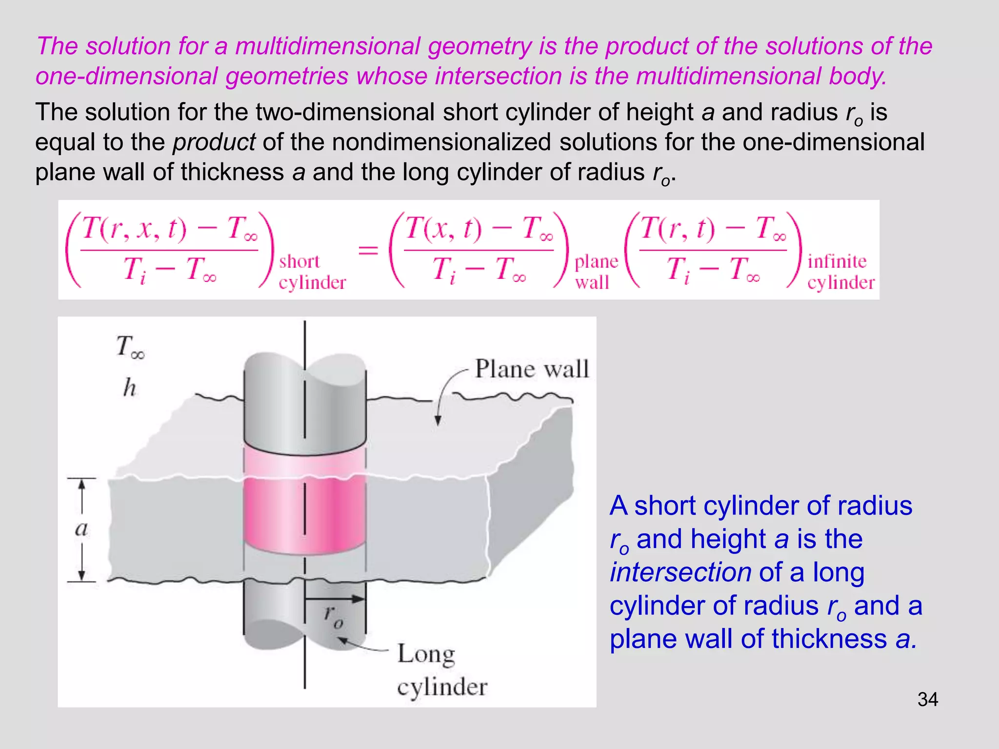 34
A short cylinder of radius
ro and height a is the
intersection of a long
cylinder of radius ro and a
plane wall of thickness a.
The solution for a multidimensional geometry is the product of the solutions of the
one-dimensional geometries whose intersection is the multidimensional body.
The solution for the two-dimensional short cylinder of height a and radius ro is
equal to the product of the nondimensionalized solutions for the one-dimensional
plane wall of thickness a and the long cylinder of radius ro.
 