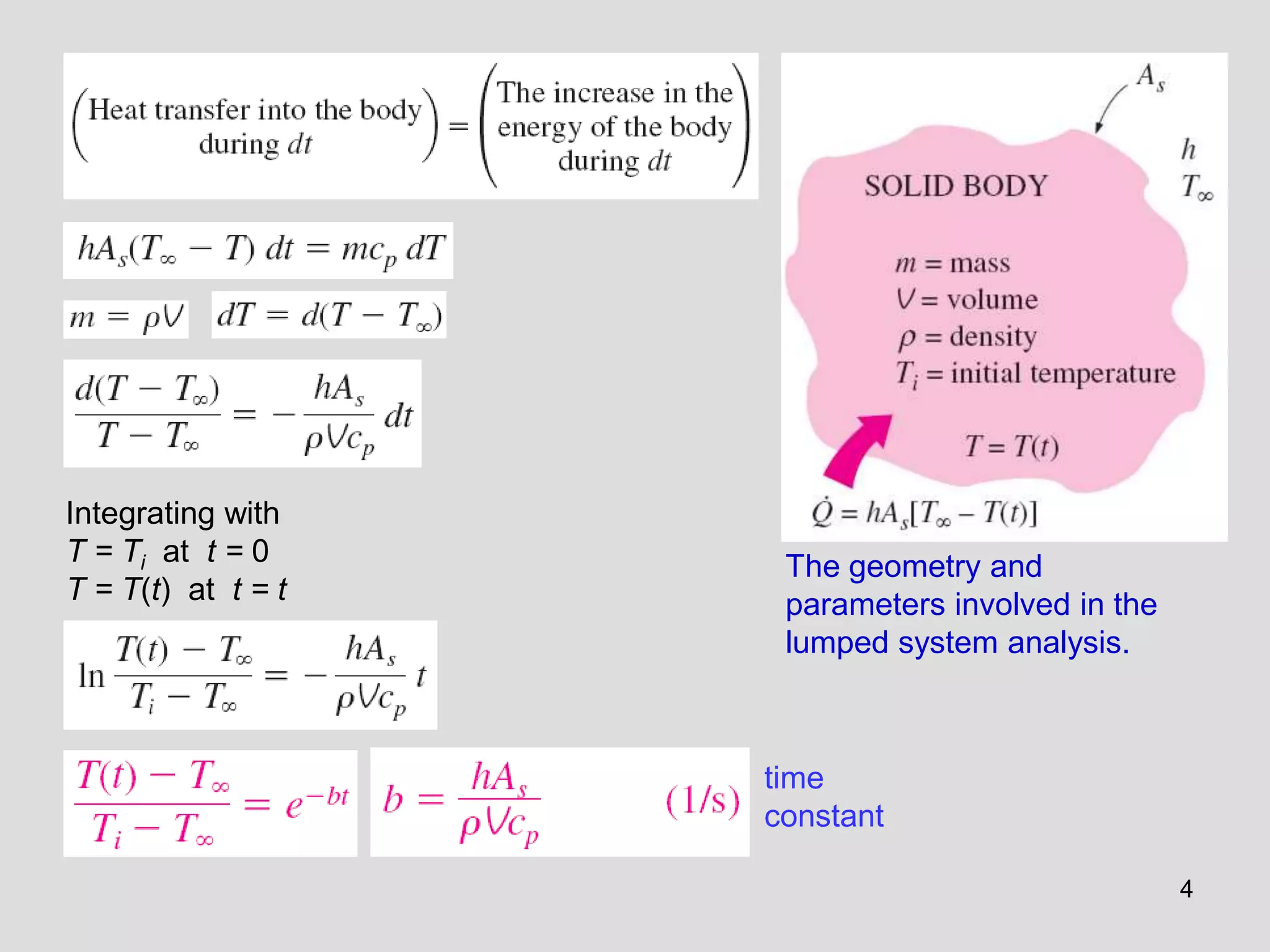 4
Integrating with
T = Ti at t = 0
T = T(t) at t = t
The geometry and
parameters involved in the
lumped system analysis.
time
constant
 