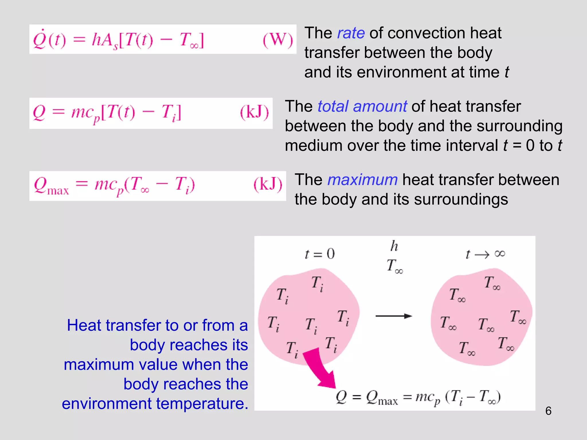 6
Heat transfer to or from a
body reaches its
maximum value when the
body reaches the
environment temperature.
The rate of convection heat
transfer between the body
and its environment at time t
The total amount of heat transfer
between the body and the surrounding
medium over the time interval t = 0 to t
The maximum heat transfer between
the body and its surroundings
 