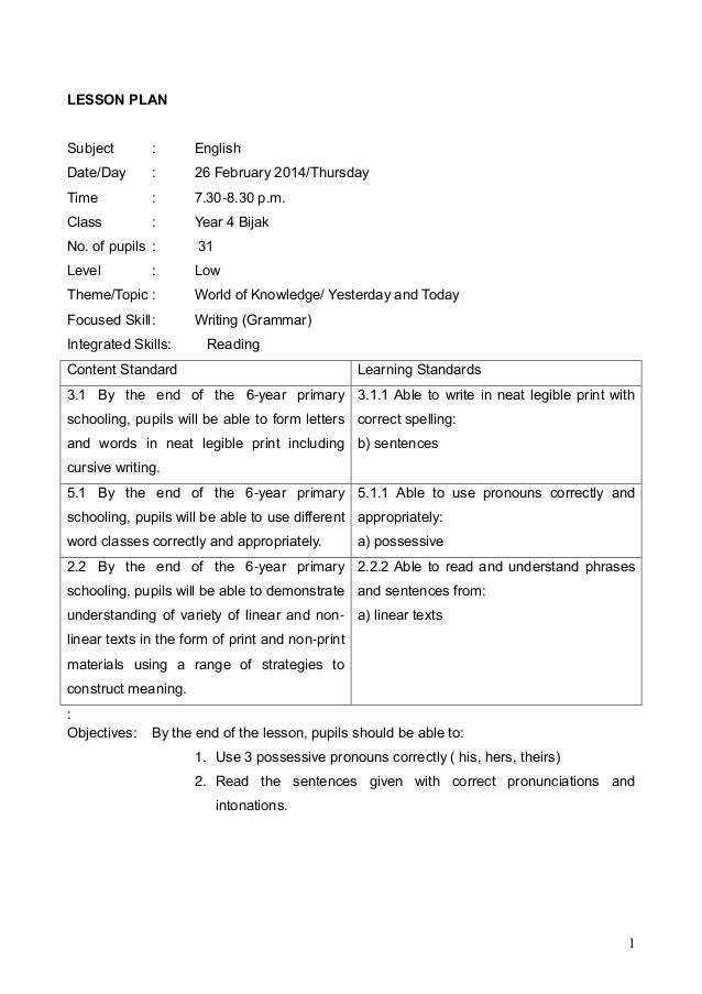 for worksheet class 1 english ( Yesterday Today possesive pronouns) and Grammar plan Lesson