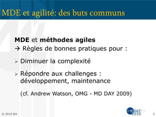 MDE et agilité: des buts communs
MDE et méthodes agiles
 Règles de bonnes pratiques pour :
 Diminuer la complexité
 Répondre aux challenges :
développement, maintenance
(cf. Andrew Watson, OMG - MD DAY 2009)
© 2010 W4 3
 
