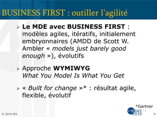 BUSINESS FIRST : outiller l’agilité
 Le MDE avec BUSINESS FIRST :
modèles agiles, itératifs, initialement
embryonnaires (AMDD de Scott W.
Ambler « models just barely good
enough »), évolutifs
 Approche WYMIWYG
What You Model Is What You Get
 « Built for change »* : résultat agile,
flexible, évolutif
*Gartner
© 2010 W4 9
 