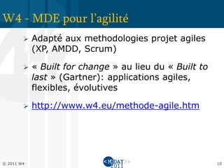 W4 - MDE pour l’agilité
           Adapté aux methodologies projet agiles
            (XP, AMDD, Scrum)

           « Built for change » au lieu du « Built to
            last » (Gartner): applications agiles,
            flexibles, évolutives

           http://www.w4.eu/methode-agile.htm




© 2011 W4                                                10
 