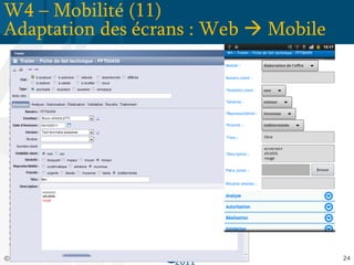 W4 – Mobilité (11)
Adaptation des écrans : Web  Mobile




© W4                                   24
 