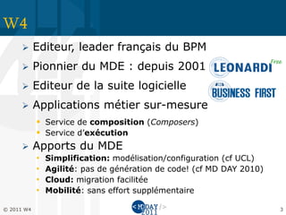 W4
           Editeur, leader français du BPM
           Pionnier du MDE : depuis 2001
           Editeur de la suite logicielle
           Applications métier sur-mesure
             Service de composition (Composers)
             Service d’exécution
           Apports du MDE
            •   Simplification: modélisation/configuration (cf UCL)
            •   Agilité: pas de génération de code! (cf MD DAY 2010)
            •   Cloud: migration facilitée
            •   Mobilité: sans effort supplémentaire

© 2011 W4                                                              3
 