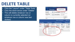 DELETE TABLE
• Click the “Layout” under “Table Tools”
• Click the down-arrow under “Delete”
• This will delete whatever row or
column is currently selected (or
whatever row or column was last
clicked)
 