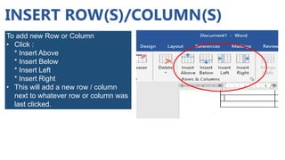 INSERT ROW(S)/COLUMN(S)
To add new Row or Column
• Click :
* Insert Above
* Insert Below
* Insert Left
* Insert Right
• This will add a new row / column
next to whatever row or column was
last clicked.
 