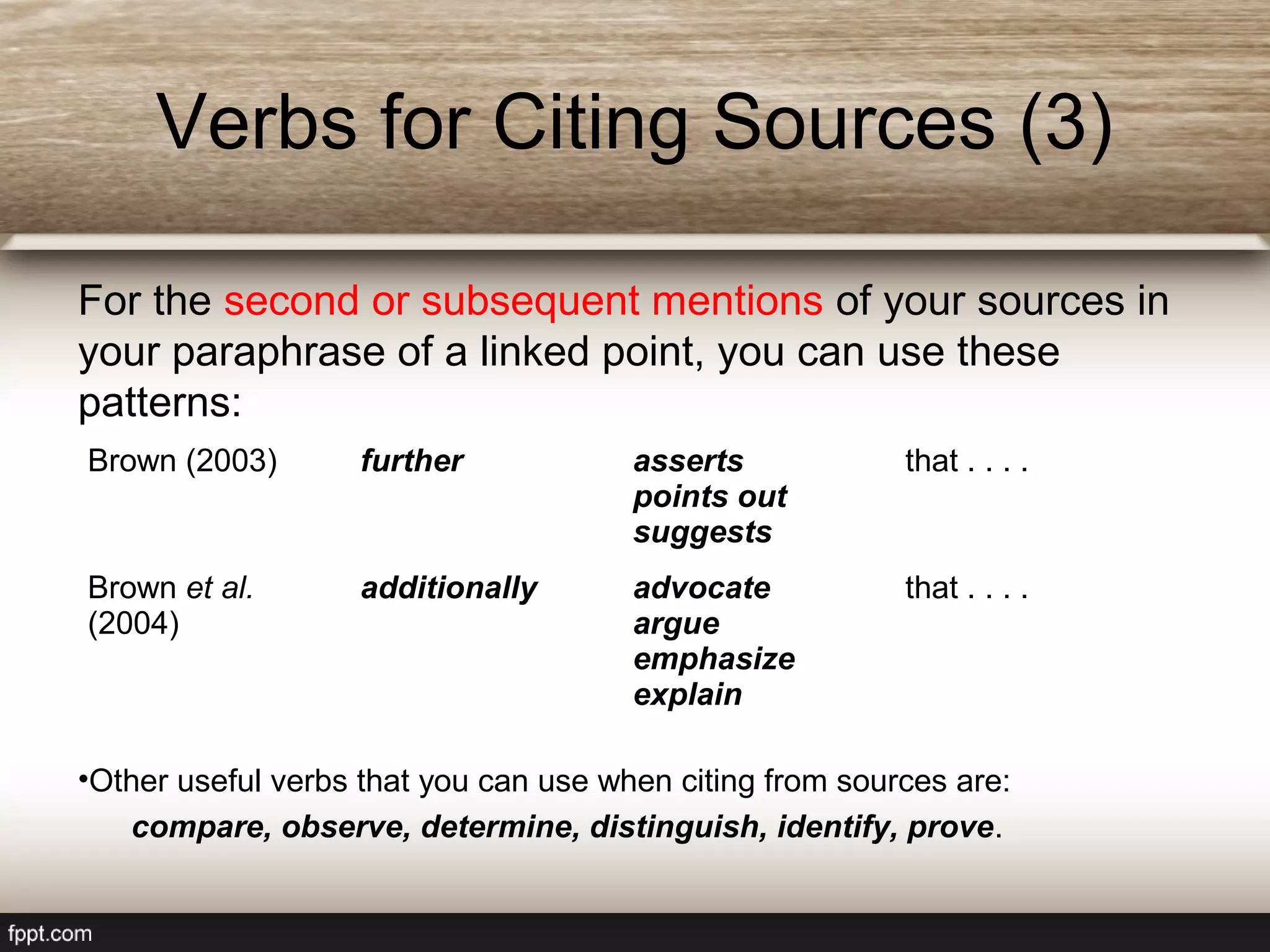 For the second or subsequent mentions of your sources in
your paraphrase of a linked point, you can use these
patterns:
•Other useful verbs that you can use when citing from sources are:
compare, observe, determine, distinguish, identify, prove.
Verbs for Citing Sources (3)
Brown (2003) further asserts
points out
suggests
that . . . .
Brown et al.
(2004)
additionally advocate
argue
emphasize
explain
that . . . .
 