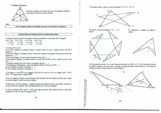 " Triângulo Equilátero:
- As alturas, medianas e bissetrizes que saem de qualquer vértice se
confundem e todas têm a mesma medida.
OBS.:
Todo triângulo equilátero é isósceles, mas nem todo isósceles é equilátero.
SUGESTÕES DE EXERCÍCIOS DE APRENDIZAGEM:
1) Determine quais conjuntos de segmentos abaixo possibilitam a construção de um triãngulo:
a) a = 7 cm b) a = S cm c) a = 9 cm d) a = 2 cm
b = 8 cm b = Jcm b = 9 cm b = Icm
c = J cm c = 4cm c = 3 cm c = 4cm
2) Coloque (V) ou (F):
a) Em todo triãngulo, um ângulo externo é sempre menor do que o ãngulo interno que lhe é
adjacente ( ).
b) Em todo triãngulo, umângulo externo é maior que qualquer dos ãngulos internos que não lhe são
adjacentes ( ).
c) Em todo triãngulo, um lado é igual à soma dos outros dois ( ).
d) Em qualquer triãngulo, a mediana relativa a um dos lados divide ao meio o ângulo oposto a este
lado ( ).
e) Qualquer triãngulo tem, pelo menos, dois ãngulos agudos ( ).
f) Nos triângulos obtusãngulos, a soma dos ângulos internos é maior que 180" ( ).
g) Todo triângulo isósceles é equilátero ( ).
h) Todo triãngulo equilátero é isósceles ( ).
3) Prolonga-se o lado BC de um �guio ABC até D (C entre B e D): Se o ângulo ABC = 28º
e
ACD= 47", quanto mede o ângulo BAC? . . .
4
) Em um triângulo, -o ângulo obtuso formado pelas bissetrizes de dois ângulos internos vale o triplo
do terceiro ângulo. Calcule esse terceiro ângulo.
5) Mostre que, em todo triãngulo, o ãngulo formado·pela bissetriz interna e pela altura traçadas do
mesmo vértice de um ângulo, vale a semidiferença entre os oui:ros dois ãngulos.
6) Seja um triângulo ABC onde A= 100"
,._
Se
"
o ângulo fonnado pela bissetriz interna e pela altura
traçadas de A vale 30", calcule os ângulos B e C.
204
1'
'ê "'
-O "'
()"'
o
r
't) "
"
't)
"'e
;;e
� f
' ,!
""
.É 't)
�"'
ur
..,"
,.,,
"O •
,.o
Nr
·��
:i ai
,...,
o "
,..-
e "
" e
·- "
Q, CI.
·0
7) Na figura abaixo, calcule a soma dos ângulos A+ B + C + D + E.
E_, Ir>,, ?7
B
8) Calcule a soma dos ângulos a + b + ... + m
abaixo:
9) Determine a medida do ângulo x
abaixo:
10) Nos exercícios abaixo, b1 e bisão bissetrizes externas do L1ABC e b' e b" são bissetrizes internas
do Af>QR. Expresse, nos dois casos, a medida do ângulo formado pelas bissetrizes em função da
medida do terceiro ãngulo interno de cada triângulo.
b)
205
Q-
�R
 