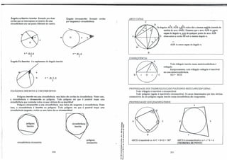 !
'
1
11
, I
Ângulo n.cêntrico interior: fonnado por duas
cordas que se interceptam no interior de uma
circunferência em um ponto diferente do centro.
a = m+n
2
n
m
Ângulo Ex-Inscrito: é o suplemento do ângulo inscrito.
a = m + n
2
POLiGONOS INSCRITOS E CIRCUNSCRITOS:
Ângulo circunscrito: formado cordas
por tangentes à circunferência.
a = ..m..:...n
2
Polígono inscrito em uma circunferência: seus lados são cordas da circunferência. Neste caso,
a circunferência é circunscrita ao polígono. Todo polígono em que é possível traçar uma
circunferência que contenha todos os seus vértices diz-se inscritível.
Polígono circunscrito a uma circunferência: seus lados são tangentes à circunferência. Neste
caso, a circunferência é inscrita no polígono. Todo polígono em que é possível traçar uma
circunferência tangente a todos os seus lados diz-se circunscritível.
circunferência circunscrita
230
polígono
circunscrito
8,
'.g�
O°'
o ....
,, "
.., ,,
., e
�e
< ..
.�
."
e-e
.: a,
., ....
.."
...,
,, .
11 º
M ,­
-C.,
o °'
'5 u
•-'
o "
..-
e,.
.!! �
"o.
ARCO CAPAZ:
e
,-. "- A
Os ângulos ACB, ADB e,AEB todos têm a mesma m�da (metade da
medida do arco AMB). Dizemos que o arco ADB é o�co
capaz do ângulo a, pois de qualquer ponto do arco ADB
A � 1 / fE observamos a corda AB sob o mesmo ângulo a.
B
B
r-.
ADB é o arco capaz do ângulo a.
Todo triângulo inscrito numa semicircunferência é
retângulo.
Reciprocamente, todo triângulo retângulo é inscritível
em uma semicircunferência.
C AO = BC/2.
PROPRIEDADE DOS TRIÂNGULOS E DOS POLÍGONOS REGULARESEMGERAL:
Todo triângulo é inscritível e circunscritível.
Todo polígono regular é inscritível e circunscritível. Os arcos determinados por dois vértices
consecutivos de um polígono regular inscrito numa circunferência são congruentes.
PROPRIEDADES DOSOUADRIIÀIEROS:
a
A e b
D
ABCD é inscritível o A+c = B+D = 180". ABCD é circunscritível o a + c = b + d.
(TE_OREMA DE PITOT)
231
 