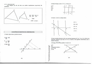 1.
li 1
1
k,.
c)L.L.L. (lado, lado, lado):
Dois triângulos que têm três lados com medidas respectivamente proporcionais são
semelhantes.
A
A'
M =.l!Ç=AÇ_=k.
A'B' B'C' A'C'
B Então:
c·
óABC-óA'B'C'.
e
[. SUGESTÕES DE EXERCÍCIOS DE APRENDIZAGEM:
1)Usando a figura abaixo, preencha as lacunas:
a) MÇ= MG
MD
b) -= MA
l.1E MF
c) MA= FH
EG
244
···..._
F
··-...________H
�
o,
'ij CD
•O cn
º"'
o
r
,, "
... ,,
., e
�ê
< i
' ..
""
.E,,
Ccn
ur
... ..
..,,
�ô
,ir
1: <O
o "'
'5 ii
11-'
o.,
...-
e "'
.!! ;
o.CL
·O
o
2)(Mack)Na figura, sendo a// b // c, o valor de x é:
a)3/2. 3 4x+ 1
b)3.
c)4/3.
d)2.
e)1.
2 3x
3)Calcule o valor de x na figura abaixo.
V
D
u
AC = x
BD=20,4
CE = IO
CD=12
r//s //t
4)Quatro paralelas determinam sobre uma transversal segmentos de 2 cm, 3 cm e 4 cm. Sobre
.
outra
transversal, segmentos cuja soma é de 54 cm. Calcule os três segmentos determinados sobre a
segunda transversal.
- -
5)Na figura, AB e DE são paralelos. O valor de x é:
a)35.
b)6.
c)impossível calcular x.
d)x = 3.AB.
e)35/6.
D
...-----------,, B
E
245
 