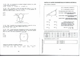 151 CFS - 1998 - Se. o pe,wnú)l.o de. wn .twin.gu.lo Jt.úân.gu.lo .l66J.iee.l.u l 2p, mtii.o
11 a.ltwut 1te.l.a.ü.v11 a lúpoú.Juu,11 l:
11) p✓2: b) p( ✓2 - 1). C!) 4p(✓1 + 1/. dl 8p( ✓2 + 41.
161 CFS - 1998 - Na. 6..i.gUIUl, M Jte;ta,J., que. pa.Mam pe.l.oJ.i pon.toJ.i A, B e. C J.ião
.tange.n,tu a C!..i.Jteun6e.1tê.nC!..ú1 de. .IW.io 5 C!/11 e. M 1t.e;tM 1t., J.i e. m J.ião pa.Jtal.e.l.M. Ve.
llC!oJtdo eom M da.dOJ.i na. 3-<-g1L1t.11, o val.OJt de. x:, e.m em, l:
11/ 10.
bl li.
e) 12.
dl 13. m
2 (!ffl
X:
A ,,_
J.,
171 CFS - 1998 - O pe!ÚmW.O de. um .twin.gu.lo ABC .l66J.ieel.u, de. ba.J.ie. BC,
Se. 11 a.ltwut AH l ..igual. 11 8 em, e.Mão 11 me.d,ld.11 de. AB, e.m C!m, l:
_111 12. bl 10. el 9. dl 6. ·
l 32 C!m.
18I CFS - 1998 - A 6..i.gUIUl mol.>-tiuz WM C!..i.Jteunóe.1tê.nC!..ú1 de. ee.n.tlto O que. µa.Mil pe.l.oJ.i
pontoJ.i C e. V e. .tan.gw.e,út o .f..aJJ.o AB de. wn qu.a.d.Jta.d.o ABCV. Se. o .f..aJJ.o de.Me. qu.a.d.Jta.d.o
me.de. 8 C!/11, e.n,tão o IIÍLÍ.D deAJ.ill c..úiC!wt6e.Jtê.nC!..ú1, e.m em, me.de.:
111 5.
bl 6.
e/ 5✓2.
d) 6✓2.
A
llESPfJSTAS tJAS fl.{/ESTÕES tJE CONCUKSOS PROPOSTAS:
1) 12 em. 21 b. 31 e. 4Í d. 5) 11. 61 e.
li I e. 12) 11. 13) d. 141 b. 151 b.
264
11 b.
161 d.
B
81 11.
171 b.
9/ b. 101 e.
181 e.
-ª'
,,.,
,o "'
u o,
o
r
1' D
... ,,
., e
�f
<"
,!
ti"
E,,
;: O>
ur
... "
..,,
,, .
,.o
�r
.."'
o O>
-; "ii
.. .J
0"
...-
e ,.
.!! i
Q.Q.
·0
1
CAPÍTULO 33: RAZÕES TRI6ONOMmICAS NO TRIÃN6ULO RETÃN6ULO.
SENO, COSSENO E TANGENTE:
B
e
e b A
Logo:
senet=J;_ senP=..!i
a .a
coset = JL . cosP =
�
a a
tget =
J;_ tgp=Jl
b e
AB = e =cateto oposto aet e adjacente ap.
AC =b = cateto adjacente aet e oposto ap.
Para qualquer ângulo agudo do triângulo ao lado:
seno do ângulo = medidadocateto oposto a esse ângulo
medida da hipotmusa
cosseno do ângulo = med.do cateto adjacenteaesse ângulo
medida da hipotenusa
tangente do ângulo = medidadocatetoopostoa esse ângulo
medida do cateto adjacente a esse ângulo
Pela figura, sabemos que a ep são
complementares. Pelas relações ao lado,
notamos que senet = cosP e coset = senP,
isto é, para ângulos complementares, o seno
de um é o cosseno do outro e vice-versa.
Ainda: tg CL=J;_ �sf.A. = �
b b/a coset
RAZÔES 1RJGONOMÉ:TRICAS DOS ÂNGULOS DE O� 30� 45� 60°
E 90º
:
//li//Ili/li/
li
Ili//II fJ' J(J' 45°
seno o 1/2 ..fi/2
cosseno 1 ..fj/2 ..fi/2
tangente O· ..fj/2 1
PARA UMÂNGULO a. SE 90º
< a< 180º
:
sena. = sen(180-a).
cosa = - cos(180-a).
tga. = -tg(180-a.).
265
6(f' 90"
..fi/2 1
1/2 o
..fj -
 