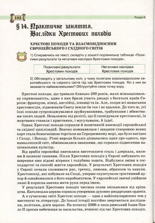 §14.Яракшичне заняття.
$асліїжи Хрестових похойів
ХРЕСТОВІ ПОХОДИ ТА ВЗАЄМОВІДНОСИНИ
ЄВРОПЕЙСЬКОГО І СХІДНОГО СВІТІВ
1) Спираючись на текст, складіть у зошиті порівняльну таблицю «Пози­
тивні результати та негативні наслідки Хрестових походів».
Позитивні результати
Хрестових походів
Негативні наслідки
Хрестових походів
2) Обговоріть у загальному колі, у чому полягали взаємовідносини єв­
ропейського та східного світів під час Хрестових походів. Які з них ви
вважаєте найважливішими? Обґрунтуйте свою точку зору.
Хрестові походи, що тривали близько 200 років, мали міжнаціональ­
ну спрямованість, адже в них брали участь рицарі з багатьох країн Єв­
ропи: французи, німці, англійці, іспанці та ін. Але, попри всі намагання
хрестоносців, відвоювати Святу землю їм так і не вдалося. До того ж, усі
їхні походи супроводжувалися зруйнуваннями, грабунками і вбивства­
ми тисяч людей. Незалежно від релігії, що її сповідували хрестоносці, їх
жертвами ставали і християни, і мусульмани, й іудеї.
Однак Хрестові походи сприяли й позитивній взаємодії європейської
та східної цивілізацій. Значно пожвавилася і завдяки створенню нових
карт стала безпечнішою торгівля на Середземному морі, що було вигідно
і Сходу, і Заходу. Різні народи більше дізнавались один про одного, про
навколишній світ, обмінювалися знаннями, що сприяло піднесенню на­
ціональних культур.
Від арабів європейці навчилися виготовляти сталь і дзеркала, кили­
ми й шовкові тканини. Після Хрестових походів у Європі набувають по­
ширення вже відомі вітряки і голубина пошта. Відбулися зміни в гос­
подарстві та способі життя європейців. У результаті Хрестових походів
у Європі почали споживати рис, гречку, лимони, абрикоси та кавуни.
Хрестоносці, які побували на Сході, уперше скуштували тростинний цу­
кор й ознайомилися з його виробництвом. У європейські звичаї увійшли
лазні й корисна звичка мити руки перед їжею.
У результаті Хрестових походів частина селян звільнилася від кріпа­
цтва. Католицька церква сприяла утворенню духовно-рицарських орденів.
А в сучасному світі Хрестові походи — одна з найпопулярніших тем у
мистецтві та літературі. До їхньої історії постійно звертаються дослідни­
ки, політики, діячі церкви. На початку 2000-х папа римський Іоанн Пав­
ло II просив вибачення за насильства, вчинені під час Хрестових походів.
 