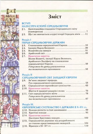 Зміст
ВСТУП
НАЗУСТРІЧ ІСТОРІЇ СЕРЕДНЬОВІЧЧЯ
§ 1. Цивілізаційна спадщина Стародавнього світу
(повторення) ............................................................................ 7
§ 2. Що і як вивчається в курсі історії Середніх віків . . . 11
Розділ І
ПЕРШІ СЕРЕДНЬОВІЧНІ ДЕРЖАВИ
§ 3. Становлення середньовічної Європи................................18
§4. Імперія Карла В ели кого.....................................................26
§ 5. Візантійська ім п ер ія............................................................31
§ 6. Арабський с в іт....................................................................... 39
§ 7. Практичне заняття.
Вплив Візантії, імперії Карла Великого,
Арабського Халіфату на становлення
середньовічної Європи..........................................................50
Готуємося до уроку узагальнення
та тематичного оціню вання............................................56
Розділ II
СЕРЕДНЬОВІЧНИЙ СВІТ ЗАХІДНОЇ ЄВРОПИ
§8. Зв’язок людини і природи.
Рух середньовічного населення......................................... 58
§ 9. Середньовічне європейське суспільство.........................63
§ 10. Практичне заняття.
Ж иття й традиції рицарів і селян .................................. 70
§11. Світ середньовічного м іс т а ................................................ 76
Готуємося до уроку узагальнення
та тематичного оціню вання........................................... 87
Розділ III
ЄВРОПЕЙСЬКЕ СУСПІЛЬСТВО І ДЕРЖАВИ В X-XV ст.
§12. Походи вікінгів та їхні завою вання................................89
§ 13. Хрестові походи.....................................................................95
§14. Практичне заняття.
Наслідки Хрестових походів............................................102
§ 15. Середньовічні держави: від роздробленості
до станово-представницьких монархій.........................104
§ 16. Франція в XI-XV ст.............................................................110
 
