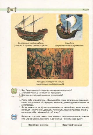 Розділ II
Середньовічний корабель
(сучасна історична реконструкція)
Корабель
(середньовічне зображення)
Напад на мандрівних купців
(середньовічний барельєф )
1. Як у Середньовіччі створювали штучний ландшафт?
2. Хто брав участь у міграційних процесах?
3. Щ о таке внутрішня і зовнішня колонізація?
4. Уявіть себе журналістом і сформулюйте кілька запитань д о середньо­
вічних мандрівників. Попередньо визначте, до якої групи населення ви
звертаєтесь.
5. Як ви вважаєте, чи була середньовічна людина більш залежною від
природи, ніж сучасна?Доведіть. Чи можуть людина і природа співісну­
вати гармонійно, без конфліктів? Чому?
Визначте позитивні та негативні чинники, що впливали на життя люди­
ни в Середньовіччі, і занесіть їх до таблиці. Поясніть свою думку.
Позитивні чинники Негативні чинники
 