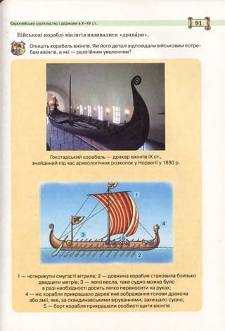 Військові кораблі вікінгів називалися «дракари».
Опишіть корабель вікінгів. Які його деталі відповідали військовим потре-
'у бам вікінгів, а які — релігійним уявленням?
Європейське суспільство і держави в Х -Х У ст.
Гокстадський корабель — дракар вікінгів IX ст.,
знайдений під час археологічних розкопок у Норвегії у 1880 р.
1 — чотирикутні смугасті вітрила; 2 — довжина корабля становила близько
двадцяти метрів; 3 — легкі весла, таке судно можна було
в разі необхідності досить легко переносити на руках;
4 — ніс корабля прикраш ало д ерев’яне зображення голови дракона
або змії, яке, за скандинавськими віруваннями, захищ ало судно;
5 — борт корабля прикраш али особисті щити вікінгів
 
