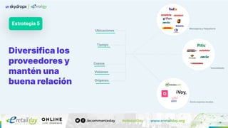 Diversifica los
proveedores y
mantén una
buena relación
Estrategia 5
Mensajería y Paquetería
Envío express locales
Consolidado
Ubicaciones
Tiempo
Costos
Volúmen
Orígenes
 
