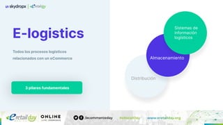 E-logistics
Sistemas de
información
logísticos
Almacenamiento
Distribución
3 pilares fundamentales
Todos los procesos logísticos
relacionados con un eCommerce
 