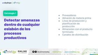 Detectar amenazas
dentro de cualquier
eslabón de los
procesos
productivos
● Proveedores
● Almacén de materia prima
● Línea de producción y
planificación de
producción
● Almacenes con el producto
terminado
● Canales de distribución
Estrategia 1
 