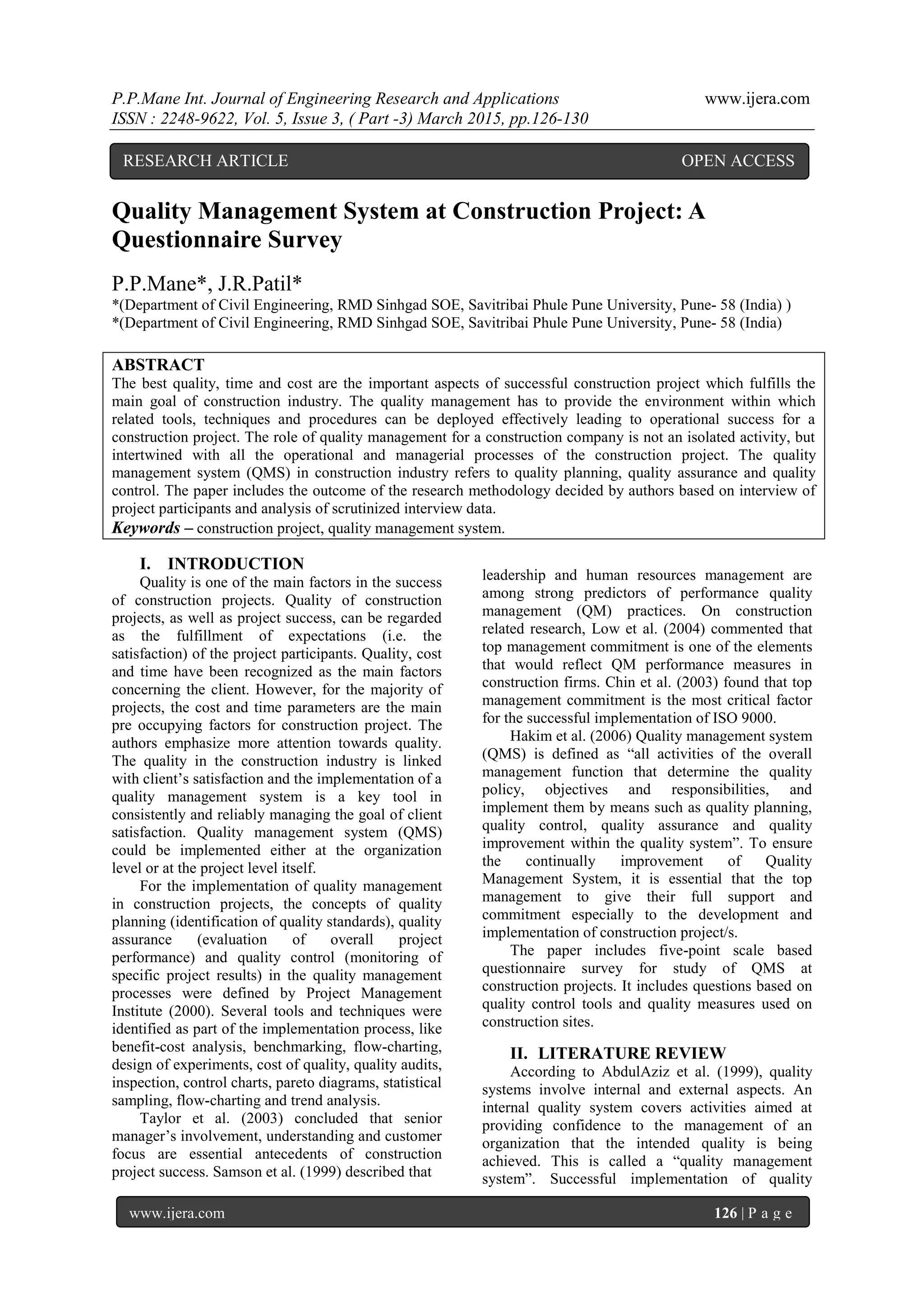 Quality Management System at Construction Project: A Questionnaire ...