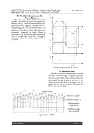 Prakash.T.Patil Int. Journal of Engineering Research and Applications www.ijera.com
ISSN : 2248-9622, Vol. 5, Issue 4, ( Part -7) April 2015, pp.129-133
www.ijera.com 131 | P a g e
III. Modulation Technique used in
Proposed System
The Sinusoidal Pulse Width Modulation
(SPWM) is well identified as wave shaping technique
as shown in Fig.3. The carrier signal (triangular), Vc,
is compared with a sinusoidal reference signal, Vr.
The modulation index (M) is given as the ratio of the
magnitude of Vr to Vc. The crossover points are used
to determine the switching instants. The magnitude of
fundamental component of output voltage is
proportional to M. The amplitude Vc of the triangular
signal is generally kept constant. By changing the
modulation index, the output voltage could be
controlled.
Fig 2 Waveform of multilevel inverter
IV. Simulation Model
In order to verify the operation of the proposed
system the prototype model in the matlab, simulated
model has been prepaid. The simulated model is as
shown in the Fig 4 below. In the proposed system the
two modules are used as seen in the Fig 4. A dc
voltage is given at the input of the inverter and the
output obtain is the AC waveform. The output of
SPWM is as shown in fig 5.
Fig 3 Structure of SPWM
 