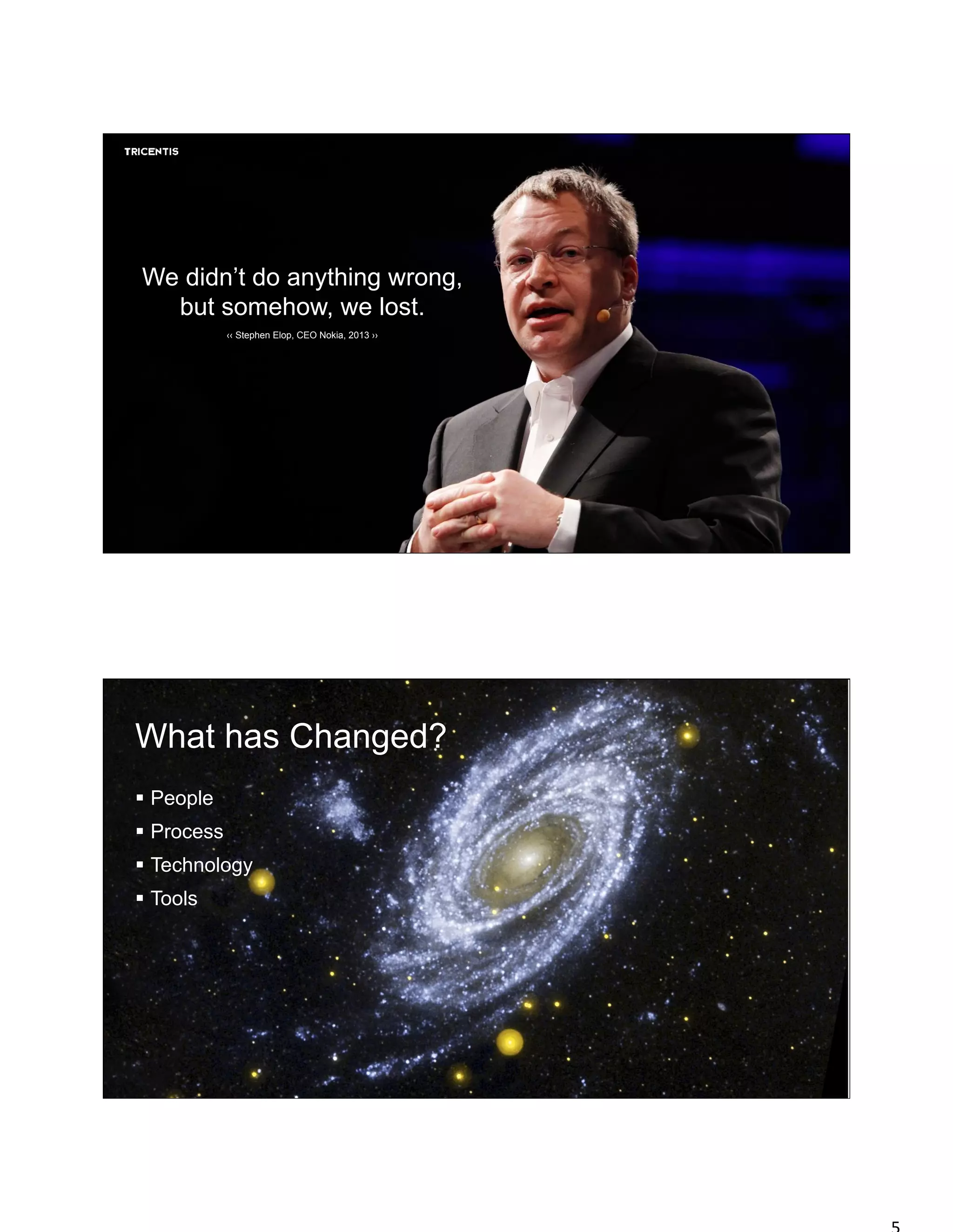 © 2016 by
We didn’t do anything wrong,
but somehow, we lost.
‹‹ Stephen Elop, CEO Nokia, 2013 ››
© 2016 by
What has Changed?
§  People
§  Process
§  Technology
§  Tools
 
