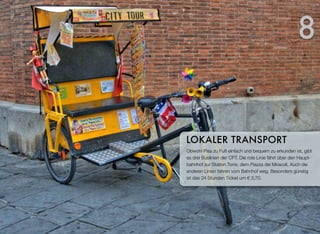 Obwohl Pisa zu Fuß einfach und bequem zu erkunden ist, gibt
es drei Buslinien der CPT. Die rote Linie fährt über den Haupt-
bahnhof zur Station Torre, dem Piazza dei Miracoli. Auch die
anderen Linien fahren vom Bahnhof weg. Besonders günstig
ist das 24 Stunden Ticket um € 3,70.
LOKALER TRANSPORT
8
 