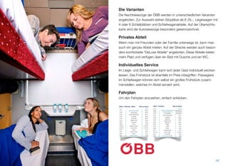 Die Varianten
Die Nachtreisezüge der ÖBB werden in unterschiedlichen Varianten
angeboten. Zur Auswahl stehen Sitzplätze ab € 29,-, Liegewagen mit
4 oder 6 Schlafplätzen und Schlafwagenabteile. Auf der Übersichts-
karte sind die Autoreisezüge besonders gekennzeichnet.
Privates Abteil
Wenn man mit Freunden oder der Familie unterwegs ist, kann man
auch ein ganzes Abteil mieten. Auf der Strecke werden auch beson-
ders komfortable “DeLuxe Abteile” angeboten. Diese Abteile bieten
mehr Platz und verfügen über ein Bad mit Dusche und ein WC.
Individuelles Service
Im Liege- und Schlafwagen kann sich jeder Gast individuell wecken
lassen. Das Frühstück ist ebenfalls im Preis inbegriffen. Passagiere
im Schlafwagen können sich selbst ein großes Frühstück zusam-
menstellen, welches im Abteil serviert wird.
Fahrplan
Um den Fahrplan anzusehen, einfach anklicken.
58
12 Wien–Florenz–Pisa–
Livorno
SparSchiene-Angebote 1
Reisekategorie Plätze /Abteil
1 2 3 4 6
Sitzplatz 2. Klasse 39,-
Liegewagen Y – – – 69,- 59,-
Schlafwagen _ 139,- 99,- 79,- – –
Ab-Preise in Euro
1 SparSchiene-Tickets: siehe Seite 29 bzw. alle Informationen unter oebb.at
Wien–Livorno ¿EuroNight
µ1237 µ1234
20:09 Wien Hbf Autoreisezug Q 08:52/09:40*
20:18 Wien Hauptbahnhof 08:37/09:38*
20:30 Wien Meidling 08:28/09:25*
20:57 Wiener Neustadt Hbf 07:51
22:22 Bruck/Mur 06:21
22:36 Leoben Hbf 06:06
00:21 Klagenfurt Hbf 04:07
00:45 Villach Hbf 03:41
04:15 Padova 23:49
04:43 Rovigo 23:19
05:04 Ferrara 22:56
05:41 Bologna Centrale 22:24
07:11 ab Firenze S.M.N. an 20:44
08:31 Pisa Centrale 19:46
08:50 Livorno Centrale Q 19:20
Kategorien und Ausstattung: 2.,_,Y (auch Damen- und Familienabteile),
Q (Wien–Livorno)
EN 1237 fährt ab Wien jeden Freitag von 27.3. bis 25.9. (nicht am 1.5.), jeden
Mittwoch von 3.6. bis 26.8. sowie am 5.4., 30.4., 13.5., und 24.5.2015.
EN 1234 fährt ab Livorno jeden Samstag von 28.3. bis 26.9. (nicht am 2.5.), jeden
Donnerstag von 4.6. bis 27.8.2015. sowie am 6.4., 1.5., 14.5., 25.5.
* frühere Ankunft nur jeden Sonntag gültig
11
Wien–Florenz–Rom ¿EuroNight
µ235 µ234
19:17 Wien Hauptbahnhof 08:41*
19:30 Wien Meidling 08:33
19:56 Wiener Neustadt Hbf 08:02
21:25 Bruck/Mur 06:39
21:40 Leoben Hbf 06:25
23:35 Klagenfurt Hbf 04:39
00:03 Villach Hbf 04:14
04:06 Ferrara 23:48
05:08 ab Bologna Centrale an 23:08
06:25 ab Firenze S.M.N. an 21:56
07:03 Arezzo 21:15
07:34 Chiusi-C. Terme 20:44
08:00 Orvieto 20:12
09:22 Roma Termini 19:04
Kategorien und Ausstattung: 2.,_,s,Y (auch Damen- und Familienabteile)
Züge fahren täglich
* EN 234 hält von 4.5. bis 28.9.2015 jeweils am Samstag und Montag nicht in Wien
Hauptbahnhof
Wien–Florenz–Rom
SparSchiene-Angebote 1
Reisekategorie Plätze /Abteil
1 2 3 4 6
Sitzplatz 2. Klasse 39,-
Liegewagen Y – – – 69,- 59,-
Schlafwagen _ 139,- 99,- 79,- – –
Ab-Preise in Euro
1 SparSchiene-Tickets: siehe Seite 29 bzw. alle Informationen unter oebb.at
 