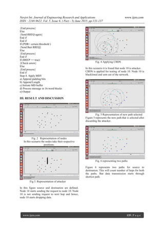 Navjot Int. Journal of Engineering Research and Applications www.ijera.com
ISSN : 2248-9622, Vol. 5, Issue 6, ( Part - 5) June 2015, pp.131-137
www.ijera.com 135 | P a g e
{End process}
Else
{Send RREQ again}
End if
End if
If (PDR< certain threshold )
{Send Bait RREQ}
Else
{End process}
End if
If (RREP == true)
{Check union}
Else
{End process}
End if
Step 4. Apply MD5
a) Append padding bits
b) Append Length
c) Initiate MD buffer
d) Process message in 16-word blocks
e) Output
III. RESULT AND DISCUSSION
Fig. 2 Representation of nodes
In this scenario the nodes take their respective
positions.
Fig 3. Representation of attacker
In this figure source and destination are defined.
Node 14 starts sending the request to node 10. Node
10 is not sending request to next hop and hence,
node 10 starts dropping data.
Fig. 4 Applying CBDS
In this scenario it is found that node 10 is attacker.
CBDS is applied for testing of node 10. Node 10 is
blacklisted and sent out of the network.
Fig. 5 Representation of new path selected
Figure 5 represents the new path that is selected after
discarding the attacker.
Fig. 6 representing two paths
Figure 6 represents two paths for source to
destination. This will count number of hops for both
the paths. But data transmission starts through
shortest path.
 