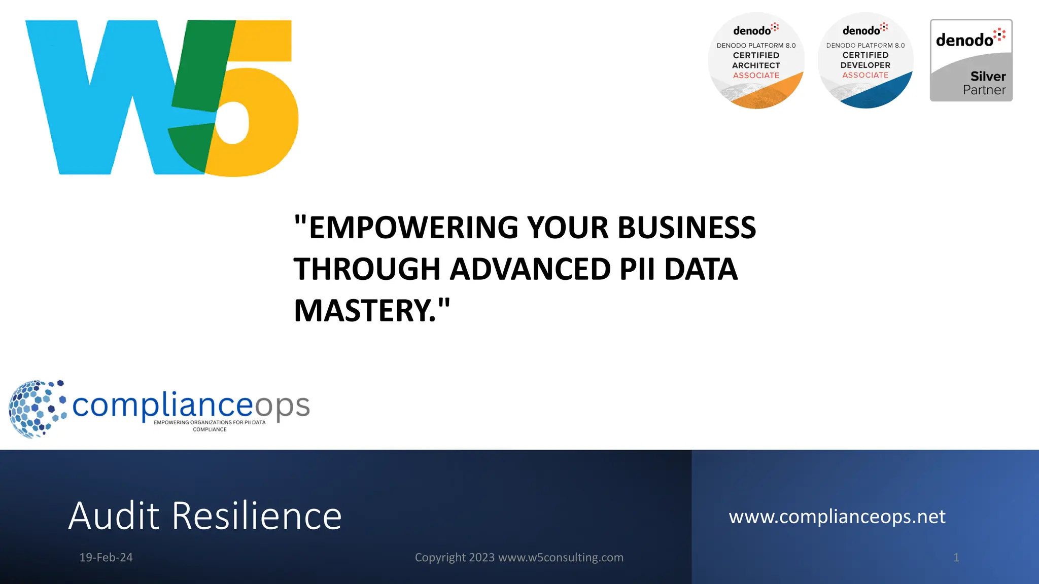 Audit Resilience www.complianceops.net
19-Feb-24 Copyright 2023 www.w5consulting.com 1
"EMPOWERING YOUR BUSINESS
THROUGH ADVANCED PII DATA
MASTERY."
 