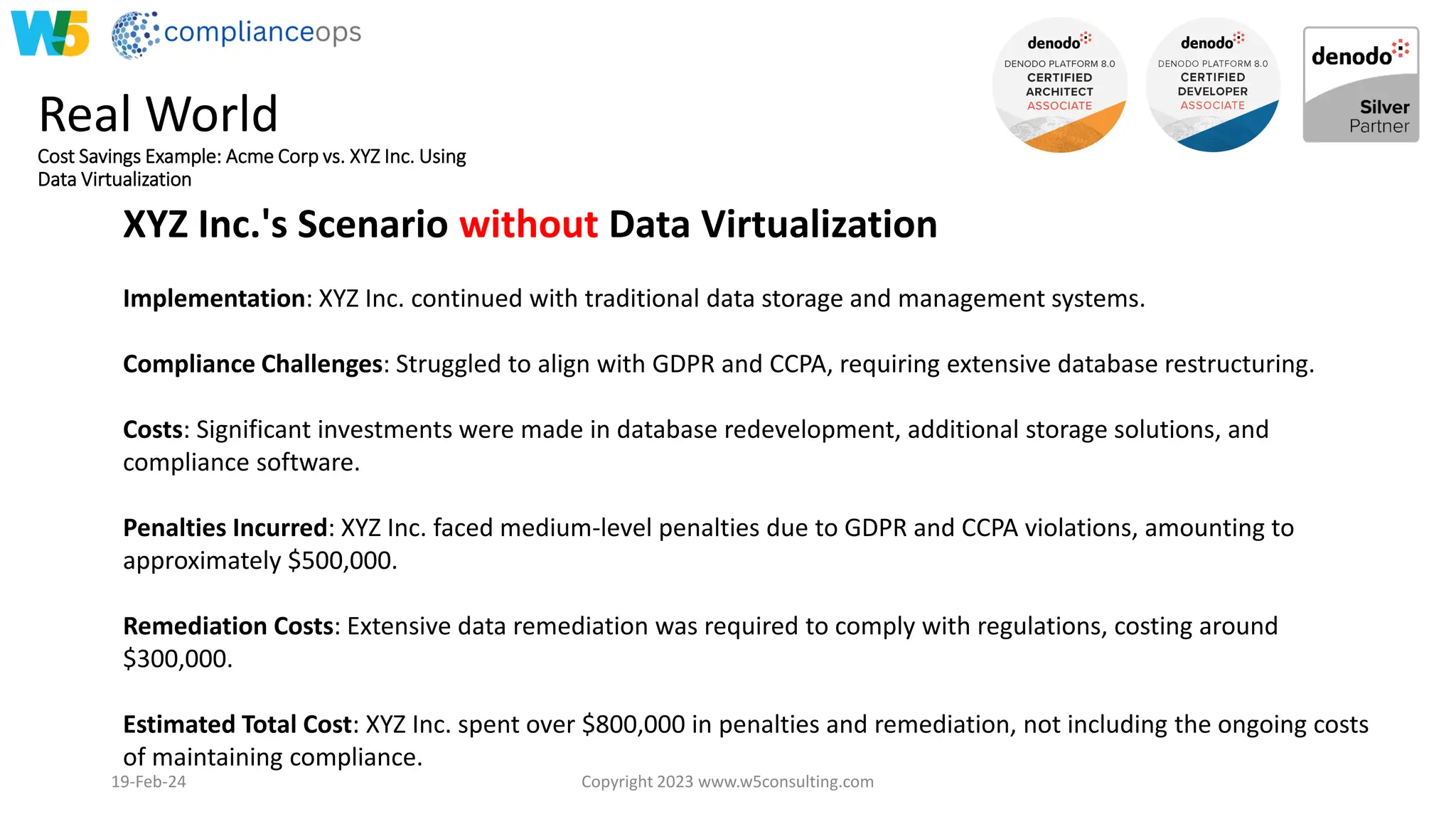 Real World
Cost Savings Example: Acme Corp vs. XYZ Inc. Using
Data Virtualization
19-Feb-24 Copyright 2023 www.w5consulting.com 18
XYZ Inc.'s Scenario without Data Virtualization
Implementation: XYZ Inc. continued with traditional data storage and management systems.
Compliance Challenges: Struggled to align with GDPR and CCPA, requiring extensive database restructuring.
Costs: Significant investments were made in database redevelopment, additional storage solutions, and
compliance software.
Penalties Incurred: XYZ Inc. faced medium-level penalties due to GDPR and CCPA violations, amounting to
approximately $500,000.
Remediation Costs: Extensive data remediation was required to comply with regulations, costing around
$300,000.
Estimated Total Cost: XYZ Inc. spent over $800,000 in penalties and remediation, not including the ongoing costs
of maintaining compliance.
 