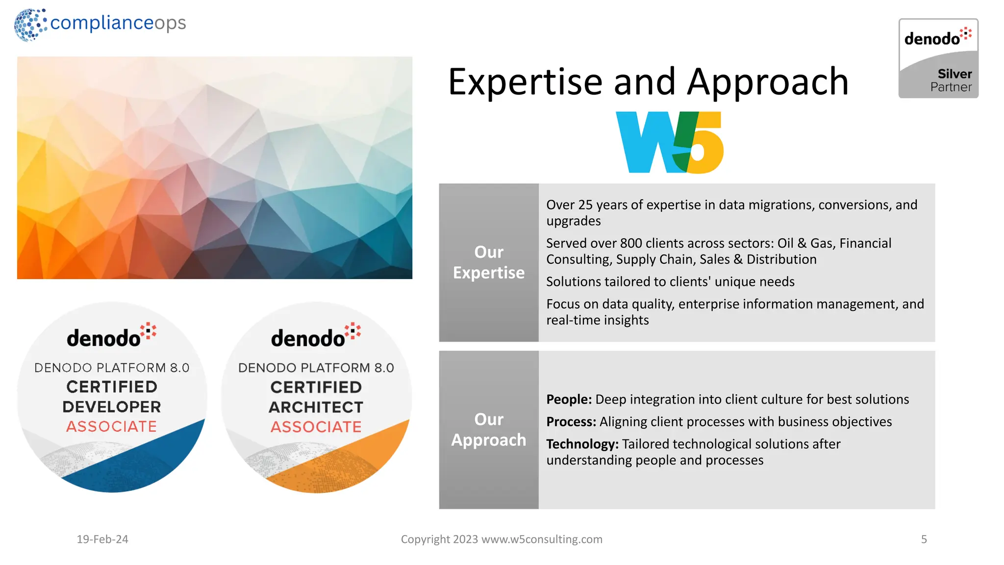 Expertise and Approach
19-Feb-24 Copyright 2023 www.w5consulting.com 5
Over 25 years of expertise in data migrations, conversions, and
upgrades
Served over 800 clients across sectors: Oil & Gas, Financial
Consulting, Supply Chain, Sales & Distribution
Solutions tailored to clients' unique needs
Focus on data quality, enterprise information management, and
real-time insights
Our
Expertise
People: Deep integration into client culture for best solutions
Process: Aligning client processes with business objectives
Technology: Tailored technological solutions after
understanding people and processes
Our
Approach
 