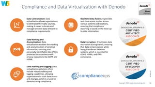 Compliance and Data Virtualization with Denodo
19-Feb-24
Copyright 2023 www.w5consulting.com 16
Data Centralization: Data
virtualization allows organizations
to centralize their data sources,
making it easier to locate and
manage sensitive data relevant to
compliance requirements.
Real-time Data Access: It provides
real-time access to data across
various systems and locations,
ensuring that compliance
reporting is based on the most up-
to-date information.
Data Masking and
Anonymization: Data
virtualization enables the masking
and anonymization of sensitive
information, ensuring that
personally identifiable data (PII) is
protected in accordance with
privacy regulations like GDPR and
HIPAA.
Data Encryption: It facilitates data
encryption during transit, ensuring
that data remains secure while
being transferred between
systems, which is essential for
GDPR, HIPAA, and ITAR
compliance.
Data Auditing and Logging: Data
virtualization solutions often
include robust auditing and
logging capabilities, allowing
organizations to track data access
and changes, which is crucial for
demonstrating compliance.
 