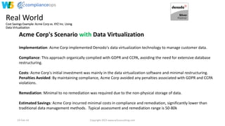 Real World
Cost Savings Example: Acme Corp vs. XYZ Inc. Using
Data Virtualization
19-Feb-24 Copyright 2023 www.w5consulting.com 19
Acme Corp's Scenario with Data Virtualization
Implementation: Acme Corp implemented Denodo's data virtualization technology to manage customer data.
Compliance: This approach organically complied with GDPR and CCPA, avoiding the need for extensive database
restructuring.
Costs: Acme Corp's initial investment was mainly in the data virtualization software and minimal restructuring.
Penalties Avoided: By maintaining compliance, Acme Corp avoided any penalties associated with GDPR and CCPA
violations.
Remediation: Minimal to no remediation was required due to the non-physical storage of data.
Estimated Savings: Acme Corp incurred minimal costs in compliance and remediation, significantly lower than
traditional data management methods. Typical assessment and remediation range is 50-80k
 