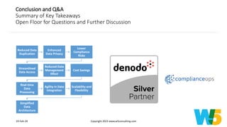 Conclusion and Q&A
Summary of Key Takeaways
Open Floor for Questions and Further Discussion
19-Feb-24 Copyright 2023 www.w5consulting.com 21
Reduced Data
Duplication
Enhanced
Data Privacy
Lower
Compliance
Risks
Streamlined
Data Access
Reduced Data
Management
Effort
Cost Savings
Real-time
Data
Processing
Agility in Data
Integration
Scalability and
Flexibility
Simplified
Data
Architecture
 