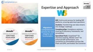 Expertise and Approach
19-Feb-24 Copyright 2023 www.w5consulting.com 23
ERP: End-to-end services for leading ERP
platforms, ensuring optimized operations
Analytics: Transforming vast data streams
into strategic roadmaps
ComplianceOps: Compliance solutions
covering PII discovery, frameworks, and
remediation
Specialized Tools: GrapeSeed for
inventory tracking, Meister Core for
enhanced SAP performance, and
connectors to commodities services like
Platts and OPIS, and Avalara Tax Connector
Migrations:
Comprehensive
services for data
integrity and
functionality.
 
