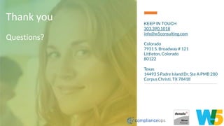 Questions?
KEEP IN TOUCH
303.390.1018
info@w5consulting.com
Colorado
7931 S. Broadway # 121
Littleton, Colorado
80122
Texas
14493 S Padre Island Dr, Ste A PMB 280
Corpus Christi, TX 78418
Thank you
 