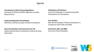 19-Feb-24 Copyright 2023 www.w5consulting.com 6
Agenda
Introduction to Data Privacy Regulations
Overview of CCPA and GDPR: Objectives and Key
Requirements
Understanding Data Virtualization
Definition and Key Concepts of Data Virtualization
Data Virtualization and Governance for PII
Explaining How Data Virtualization Involves No Data
Ownership
Challenges and Solutions
Common Challenges in Implementing Data
Virtualization for Compliance
Case Studies
Real-World Examples of Data Virtualization in
Compliance with CCPA and GDPR
Conclusion, ROI, and Q&A
Summary of Key Takeaways
 