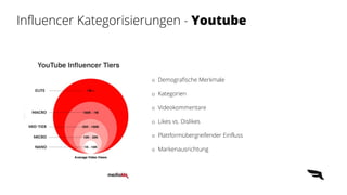 Influencer Kategorisierungen - Youtube
o Demografische Merkmale
o Kategorien
o Videokommentare
o Likes vs. Dislikes
o Plattformübergreifender Einfluss
o Markenausrichtung
 