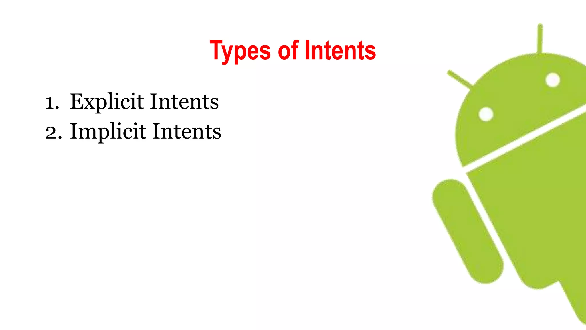 Types of Intents
1. Explicit Intents
2. Implicit Intents
 